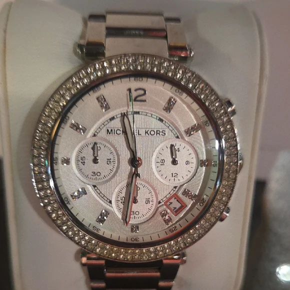Michael Kors Silver Chronograph Watch with Crystal Bezel Michael Kors Whitney Chronograph Crystals Silver Dial Silver  main image 3